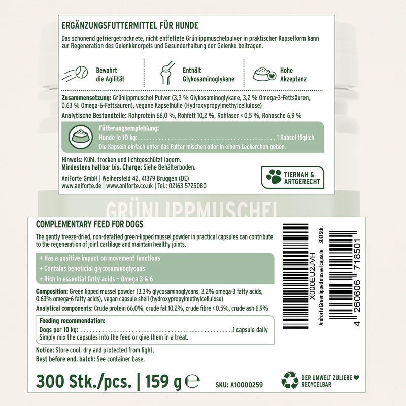 AniForte® Grünlippmuschel Kapseln für Hunde – Natürliche Gelenkunterstützung (100 / 300 Stk.)