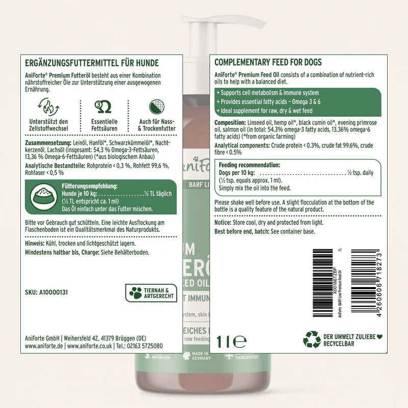 AniForte® Premium Futteröl – Omega-3 & 6 BARF-Öl für große Hunde | in 3 Größen erhältlich