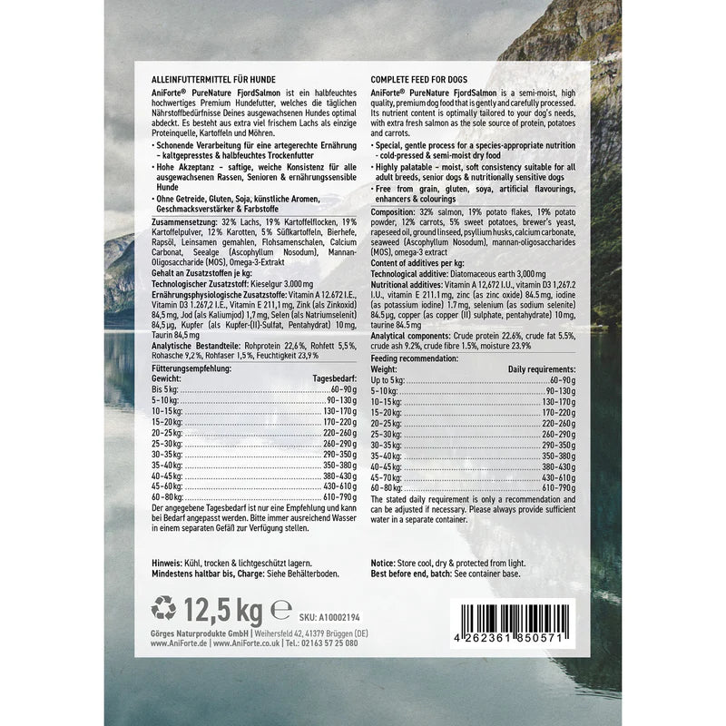 AniForte® Trockenfutter „FjordSalmon – Frischer Lachs mit Kartoffeln“ für große Hunde (2 kg / 12,5 kg)