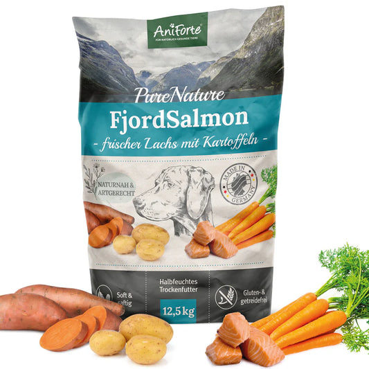 AniForte® Trockenfutter „FjordSalmon – Frischer Lachs mit Kartoffeln“ für große Hunde (2 kg / 12,5 kg)